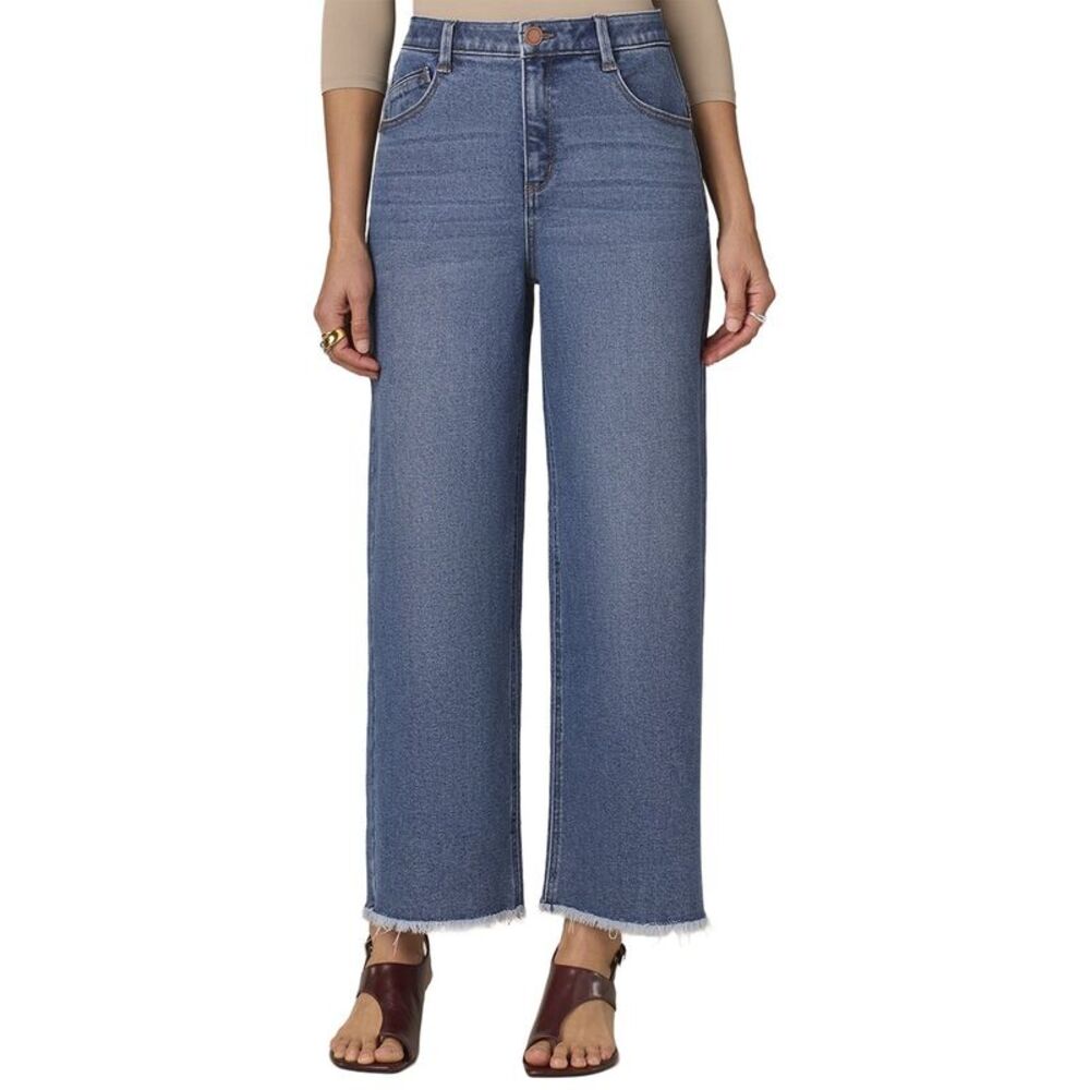 Wit & Wisdom Womens  Mid Blue Wyatt Skyrise Round Up Wide Leg Boyfriend Jean,